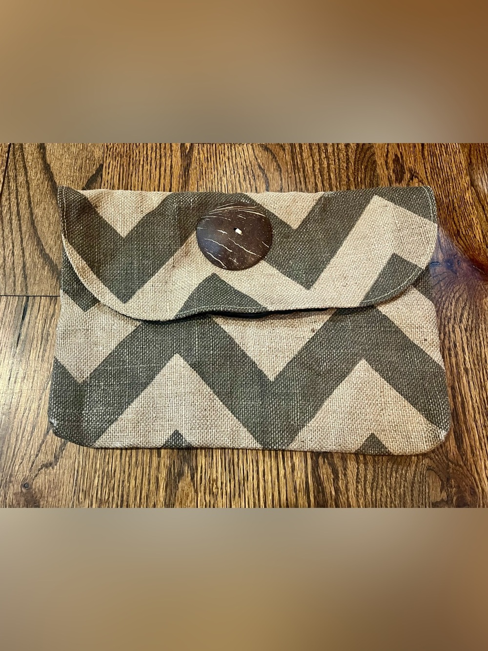 Boho Chevron Fabric Clutch Wallet Brown & Beige Fold Over Snap Closure 12”